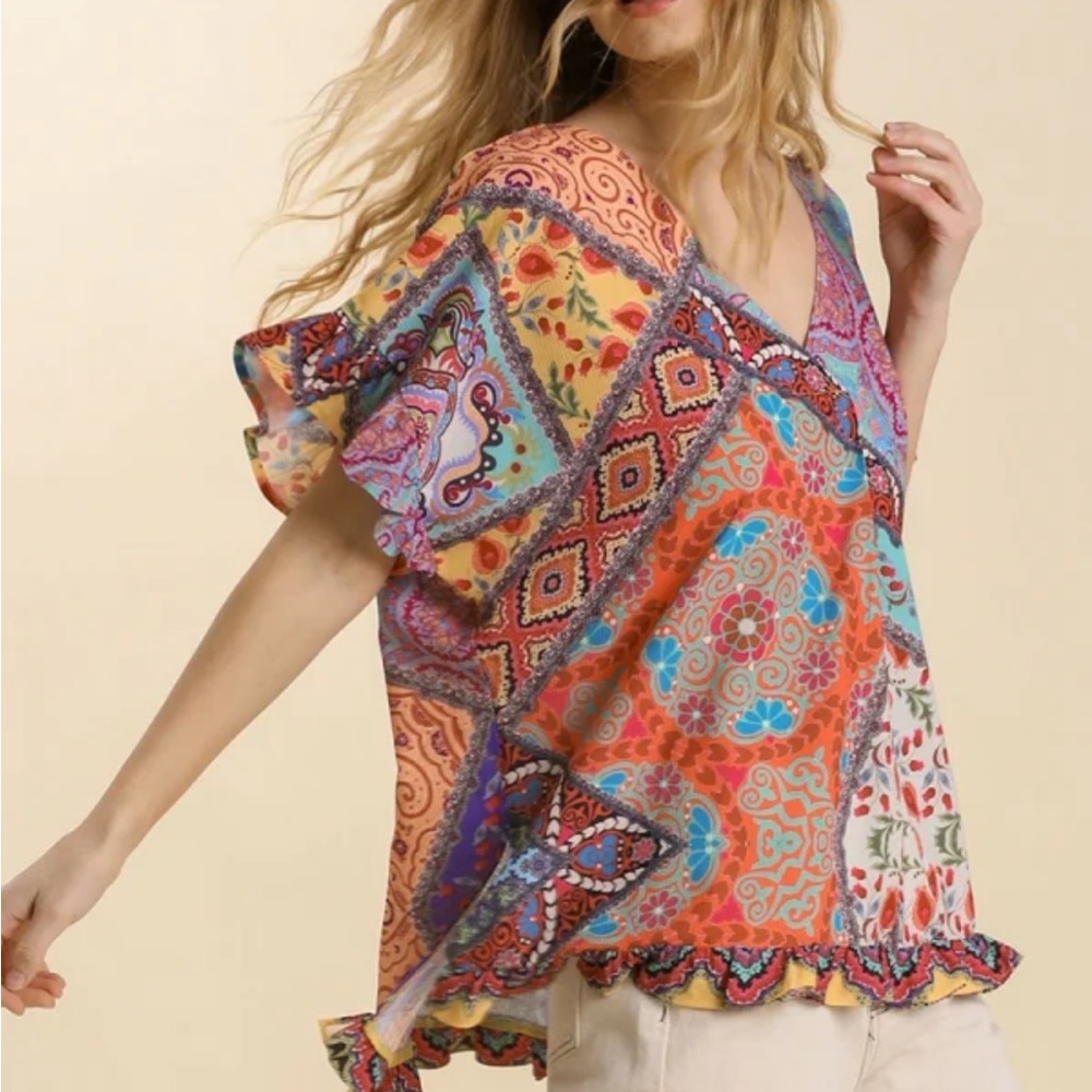 Umgee Mixed Print V Neck Short Ruffle Sleeve Top Large boho